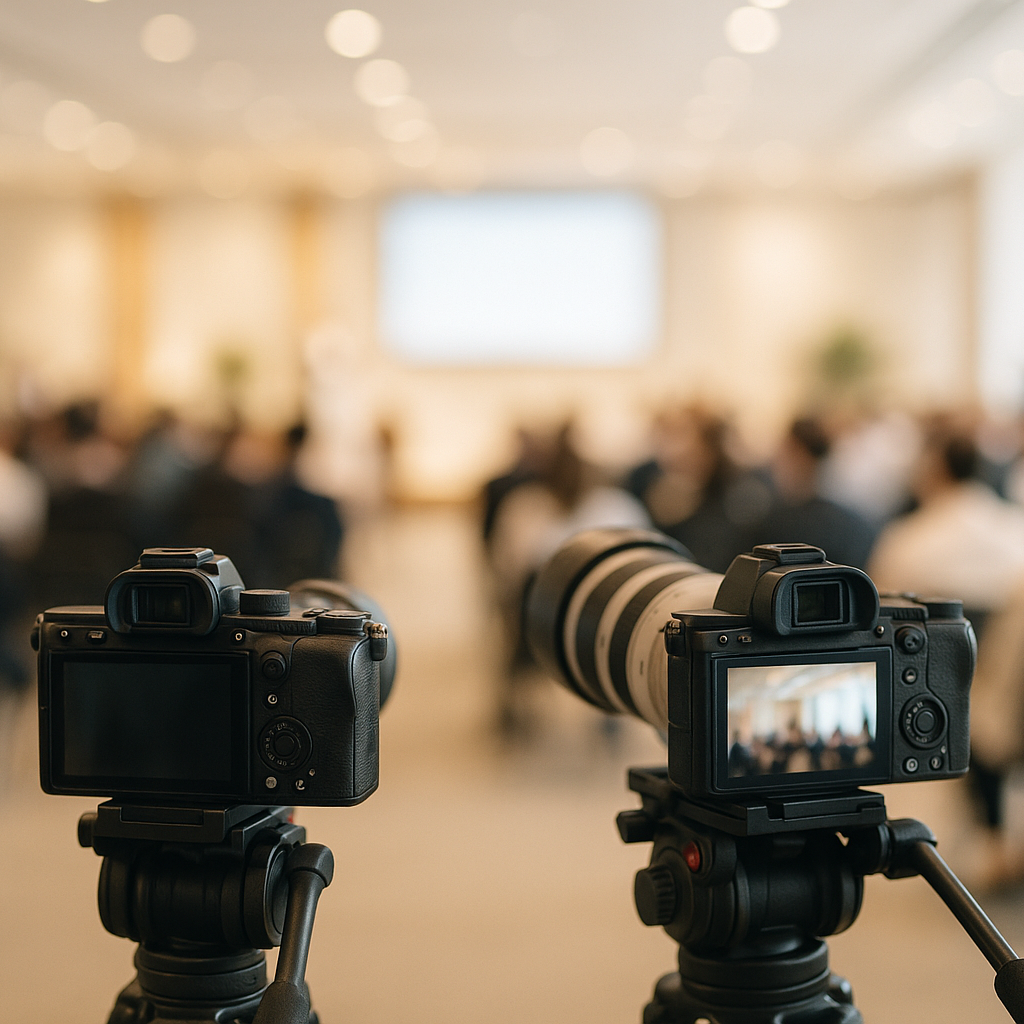 Two cameras on tripods focused on an audience during an event, with a blurred background.