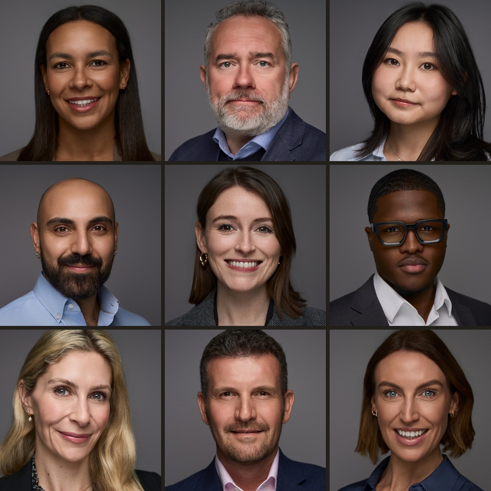Nine corporate headshots on a matching grey backdrop, five women and four men
