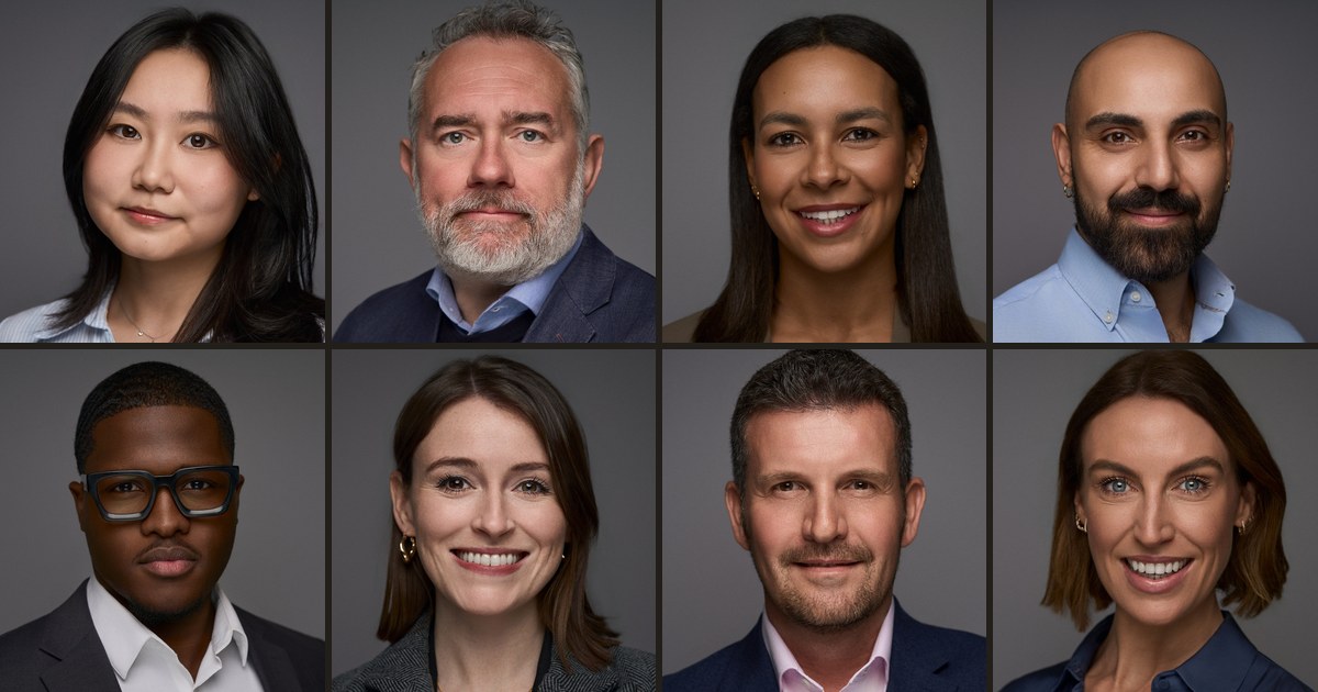 Eight corporate headshots on a matching grey backdrop, four women and four men