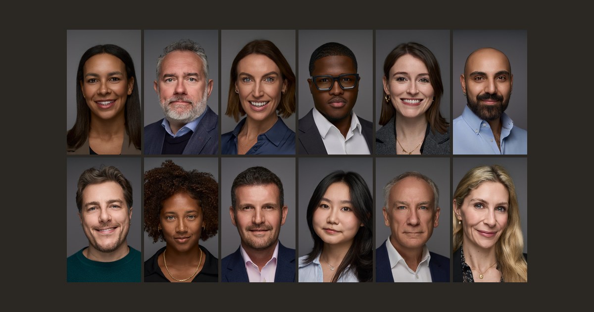 Twelve corporate headshots on a matching grey backdrop, six women and six men